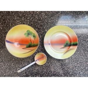 Meito China Bowl Plate Spoon Hand Painted Flower Made In Japan 3 Pieces